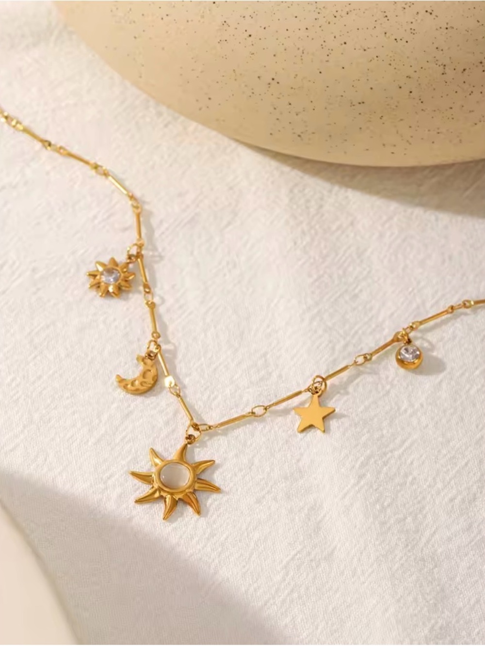 Gold Sun & Celestial Charm Necklace - Hypoallergenic and Waterproof - Picture 6 of 7